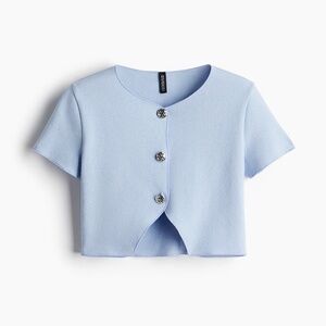 NWT H&M Divided Short Sleeve Jersey Cardigan Sweater Light Blue Silver Womens XS